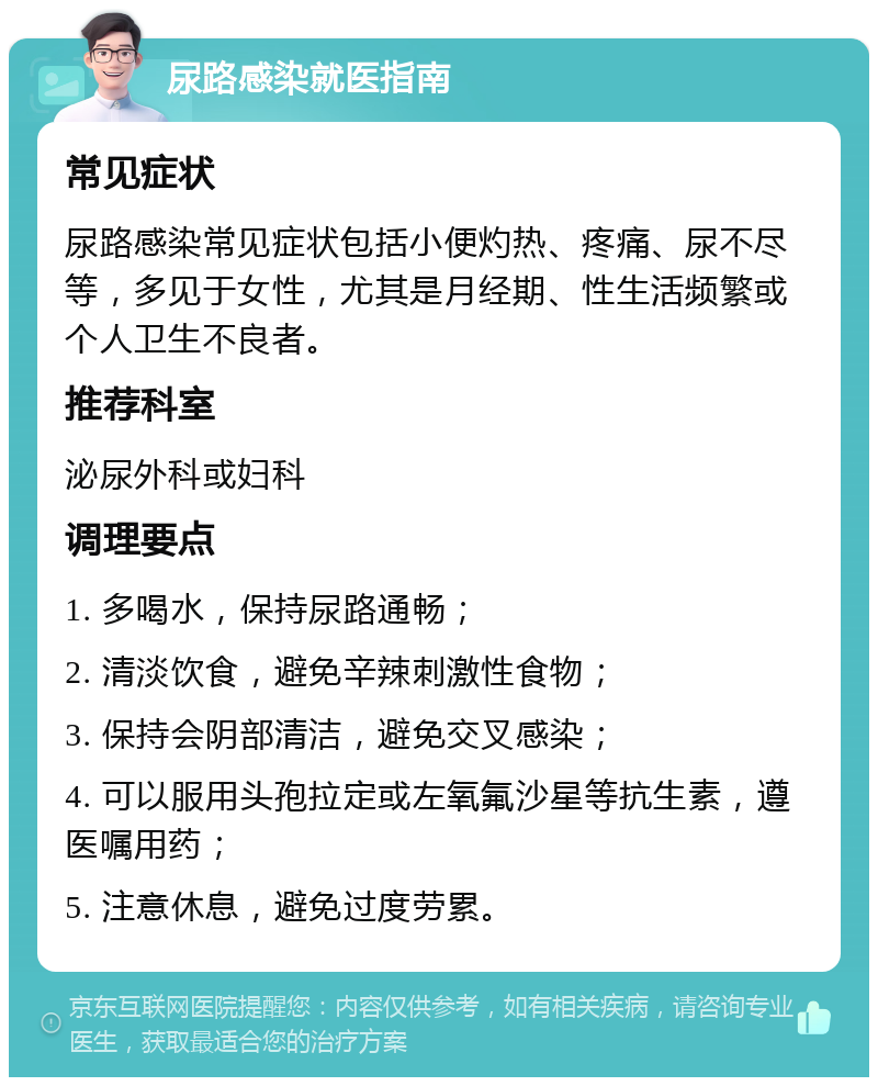 尿路感染就医指南 常见症状 尿路感染常见症状包括小便灼热、疼痛、尿不尽等，多见于女性，尤其是月经期、性生活频繁或个人卫生不良者。 推荐科室 泌尿外科或妇科 调理要点 1. 多喝水，保持尿路通畅； 2. 清淡饮食，避免辛辣刺激性食物； 3. 保持会阴部清洁，避免交叉感染； 4. 可以服用头孢拉定或左氧氟沙星等抗生素，遵医嘱用药； 5. 注意休息，避免过度劳累。