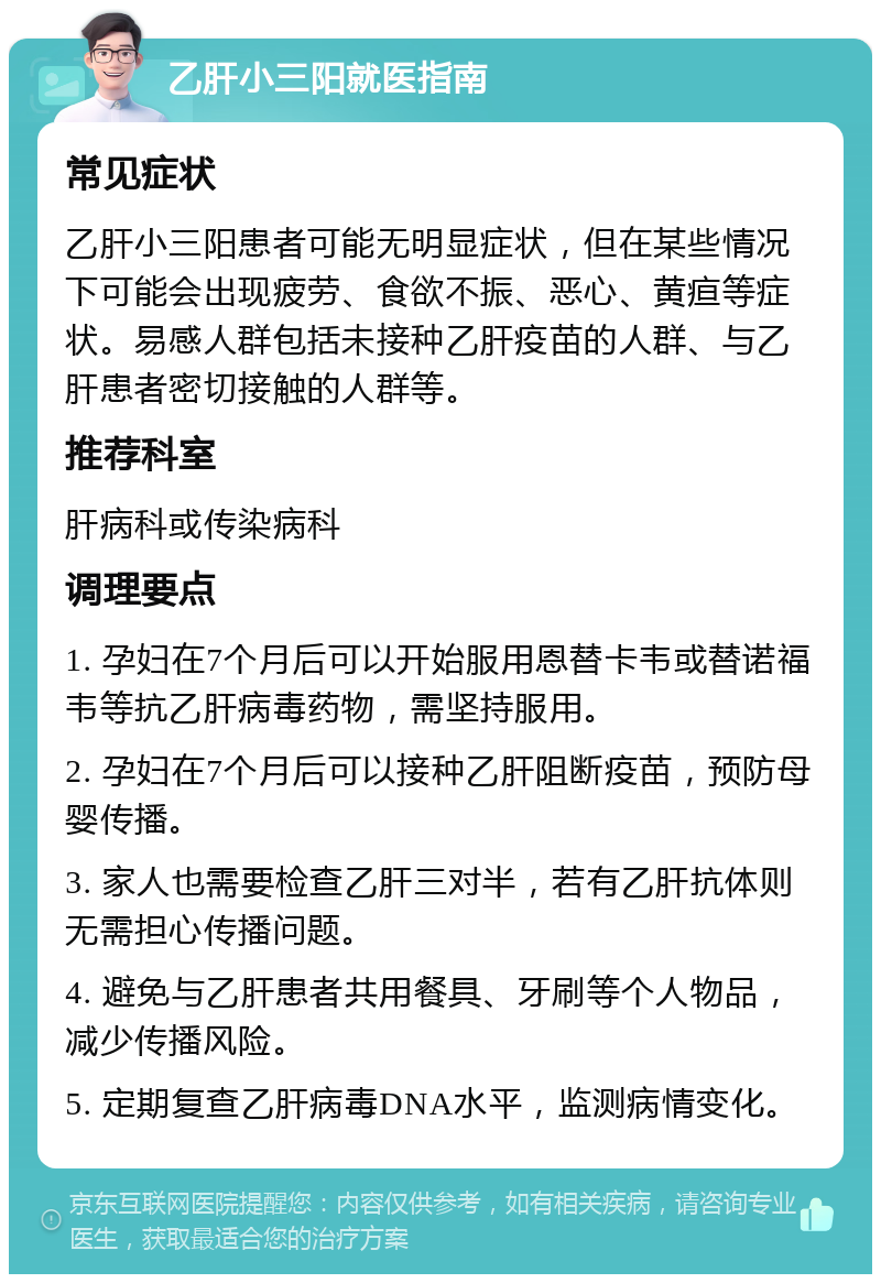 乙肝小三阳就医指南 常见症状 乙肝小三阳患者可能无明显症状，但在某些情况下可能会出现疲劳、食欲不振、恶心、黄疸等症状。易感人群包括未接种乙肝疫苗的人群、与乙肝患者密切接触的人群等。 推荐科室 肝病科或传染病科 调理要点 1. 孕妇在7个月后可以开始服用恩替卡韦或替诺福韦等抗乙肝病毒药物，需坚持服用。 2. 孕妇在7个月后可以接种乙肝阻断疫苗，预防母婴传播。 3. 家人也需要检查乙肝三对半，若有乙肝抗体则无需担心传播问题。 4. 避免与乙肝患者共用餐具、牙刷等个人物品，减少传播风险。 5. 定期复查乙肝病毒DNA水平，监测病情变化。