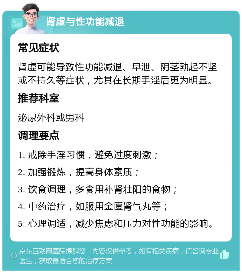 肾虚与性功能减退 常见症状 肾虚可能导致性功能减退、早泄、阴茎勃起不坚或不持久等症状，尤其在长期手淫后更为明显。 推荐科室 泌尿外科或男科 调理要点 1. 戒除手淫习惯，避免过度刺激； 2. 加强锻炼，提高身体素质； 3. 饮食调理，多食用补肾壮阳的食物； 4. 中药治疗，如服用金匮肾气丸等； 5. 心理调适，减少焦虑和压力对性功能的影响。