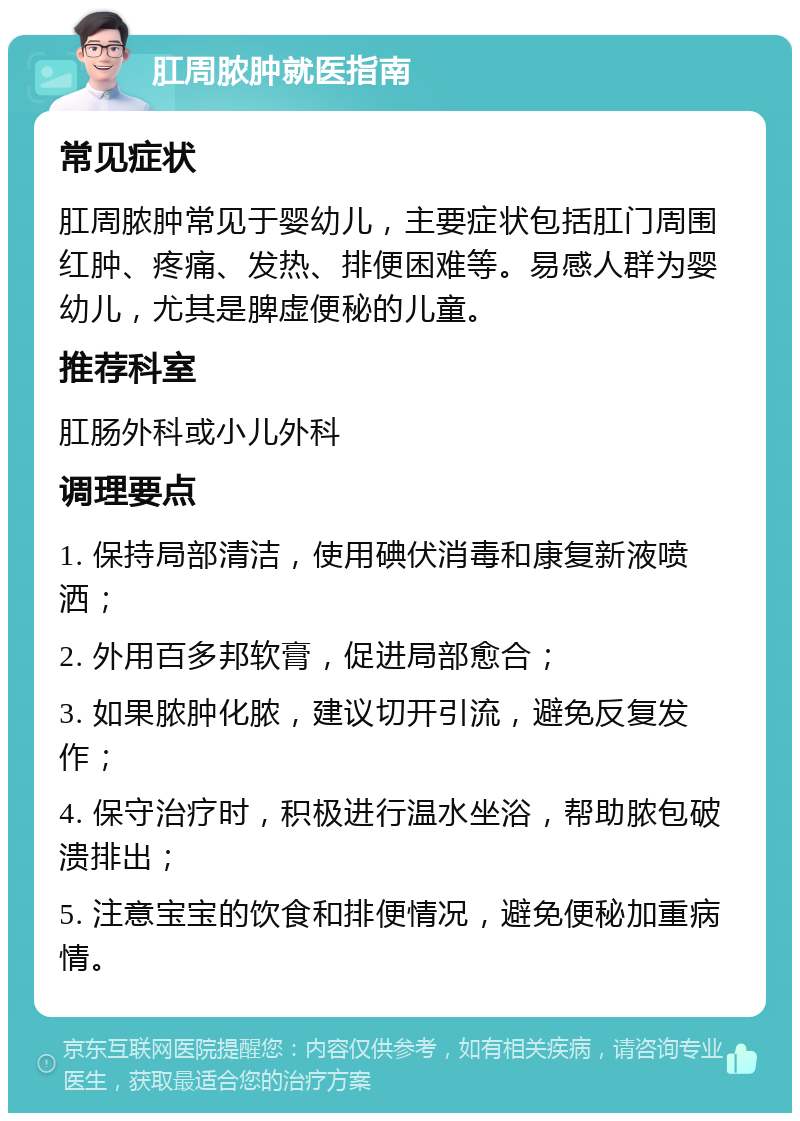 肛周脓肿就医指南 常见症状 肛周脓肿常见于婴幼儿，主要症状包括肛门周围红肿、疼痛、发热、排便困难等。易感人群为婴幼儿，尤其是脾虚便秘的儿童。 推荐科室 肛肠外科或小儿外科 调理要点 1. 保持局部清洁，使用碘伏消毒和康复新液喷洒； 2. 外用百多邦软膏，促进局部愈合； 3. 如果脓肿化脓，建议切开引流，避免反复发作； 4. 保守治疗时，积极进行温水坐浴，帮助脓包破溃排出； 5. 注意宝宝的饮食和排便情况，避免便秘加重病情。