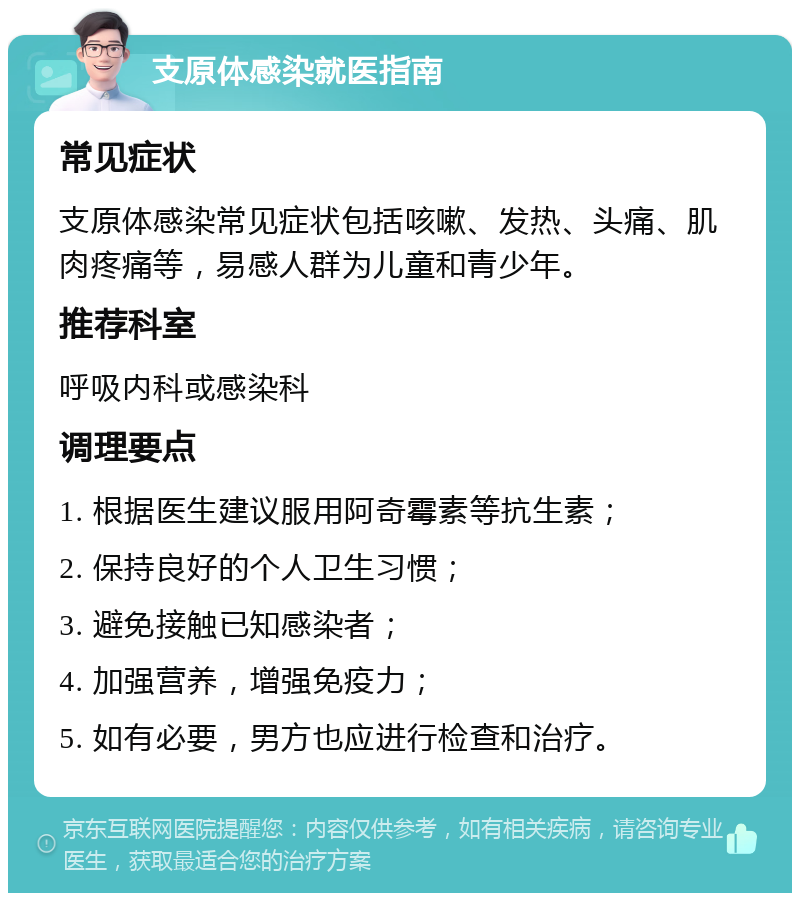 支原体感染就医指南 常见症状 支原体感染常见症状包括咳嗽、发热、头痛、肌肉疼痛等，易感人群为儿童和青少年。 推荐科室 呼吸内科或感染科 调理要点 1. 根据医生建议服用阿奇霉素等抗生素； 2. 保持良好的个人卫生习惯； 3. 避免接触已知感染者； 4. 加强营养，增强免疫力； 5. 如有必要，男方也应进行检查和治疗。