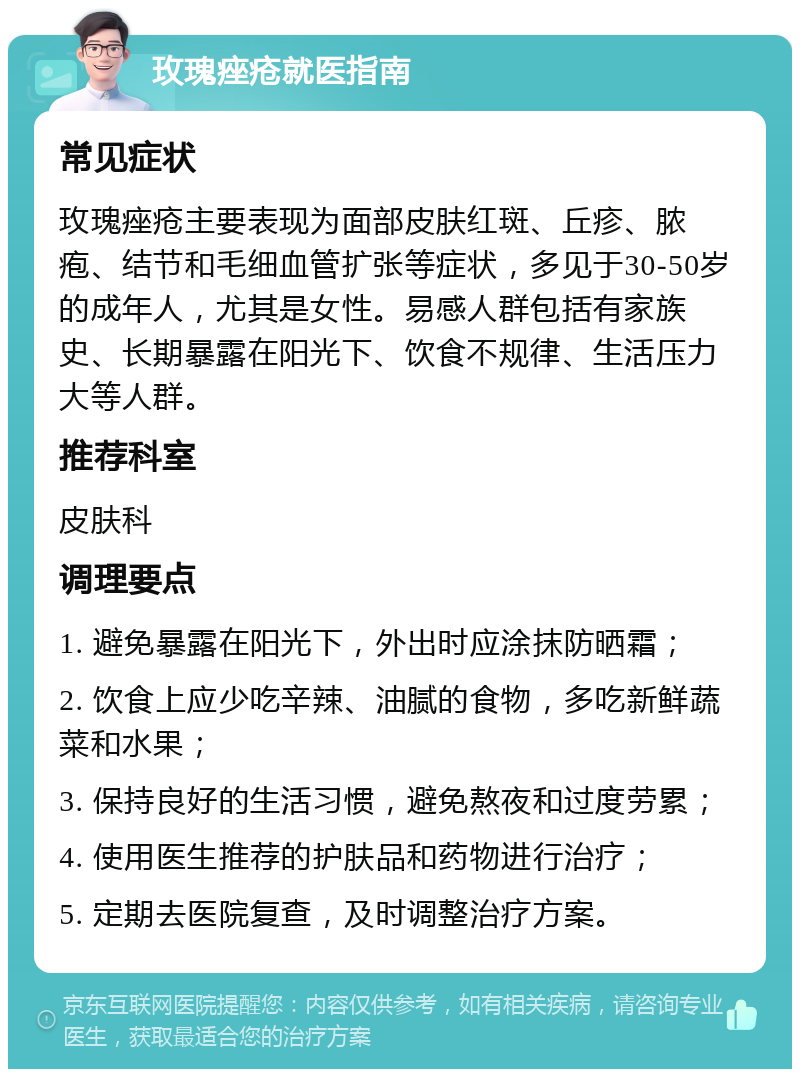 玫瑰痤疮就医指南 常见症状 玫瑰痤疮主要表现为面部皮肤红斑、丘疹、脓疱、结节和毛细血管扩张等症状，多见于30-50岁的成年人，尤其是女性。易感人群包括有家族史、长期暴露在阳光下、饮食不规律、生活压力大等人群。 推荐科室 皮肤科 调理要点 1. 避免暴露在阳光下，外出时应涂抹防晒霜； 2. 饮食上应少吃辛辣、油腻的食物，多吃新鲜蔬菜和水果； 3. 保持良好的生活习惯，避免熬夜和过度劳累； 4. 使用医生推荐的护肤品和药物进行治疗； 5. 定期去医院复查，及时调整治疗方案。