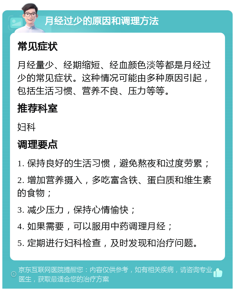 月经过少的原因和调理方法 常见症状 月经量少、经期缩短、经血颜色淡等都是月经过少的常见症状。这种情况可能由多种原因引起，包括生活习惯、营养不良、压力等等。 推荐科室 妇科 调理要点 1. 保持良好的生活习惯，避免熬夜和过度劳累； 2. 增加营养摄入，多吃富含铁、蛋白质和维生素的食物； 3. 减少压力，保持心情愉快； 4. 如果需要，可以服用中药调理月经； 5. 定期进行妇科检查，及时发现和治疗问题。