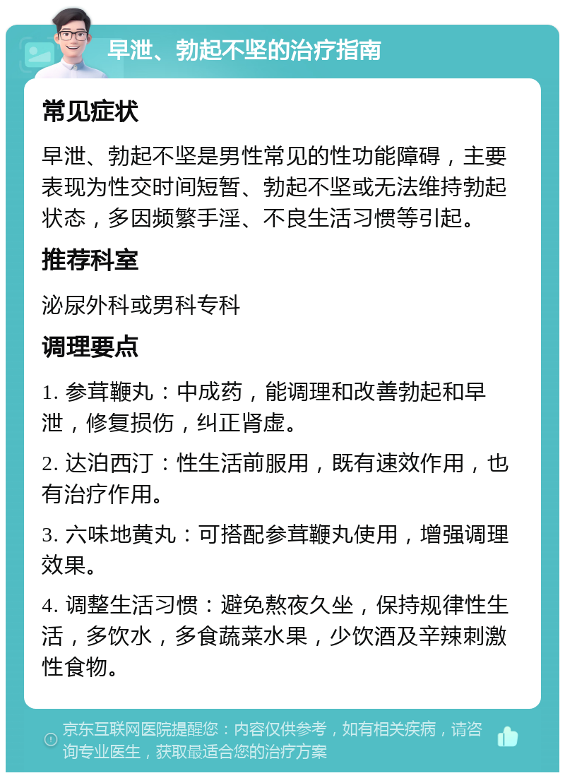 早泄、勃起不坚的治疗指南 常见症状 早泄、勃起不坚是男性常见的性功能障碍，主要表现为性交时间短暂、勃起不坚或无法维持勃起状态，多因频繁手淫、不良生活习惯等引起。 推荐科室 泌尿外科或男科专科 调理要点 1. 参茸鞭丸：中成药，能调理和改善勃起和早泄，修复损伤，纠正肾虚。 2. 达泊西汀：性生活前服用，既有速效作用，也有治疗作用。 3. 六味地黄丸：可搭配参茸鞭丸使用，增强调理效果。 4. 调整生活习惯：避免熬夜久坐，保持规律性生活，多饮水，多食蔬菜水果，少饮酒及辛辣刺激性食物。