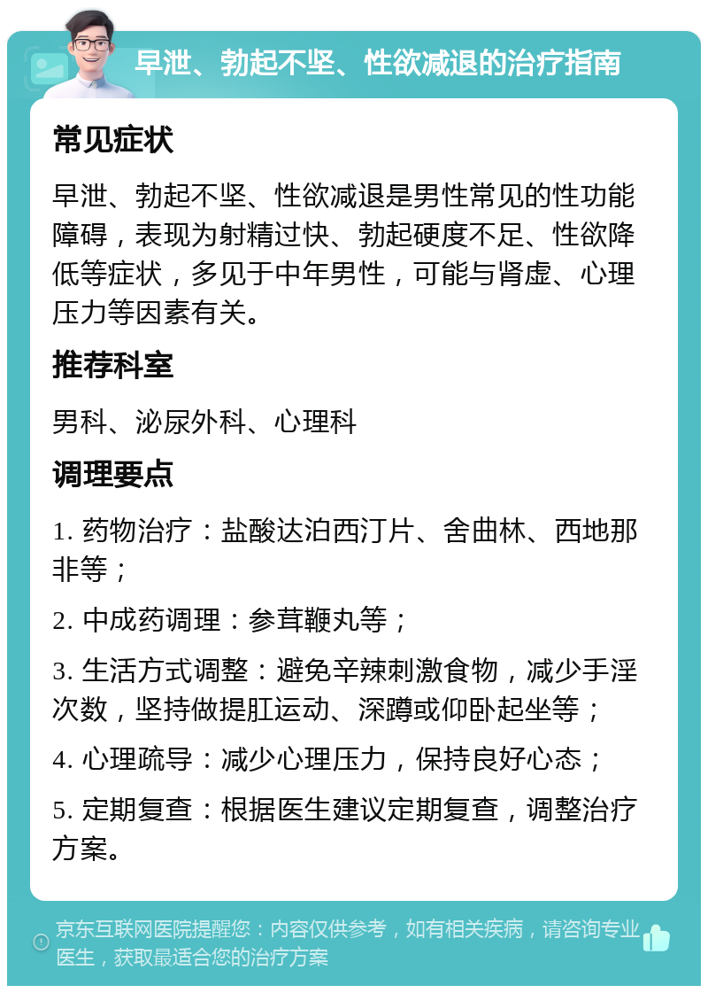 早泄、勃起不坚、性欲减退的治疗指南 常见症状 早泄、勃起不坚、性欲减退是男性常见的性功能障碍，表现为射精过快、勃起硬度不足、性欲降低等症状，多见于中年男性，可能与肾虚、心理压力等因素有关。 推荐科室 男科、泌尿外科、心理科 调理要点 1. 药物治疗：盐酸达泊西汀片、舍曲林、西地那非等； 2. 中成药调理：参茸鞭丸等； 3. 生活方式调整：避免辛辣刺激食物，减少手淫次数，坚持做提肛运动、深蹲或仰卧起坐等； 4. 心理疏导：减少心理压力，保持良好心态； 5. 定期复查：根据医生建议定期复查，调整治疗方案。