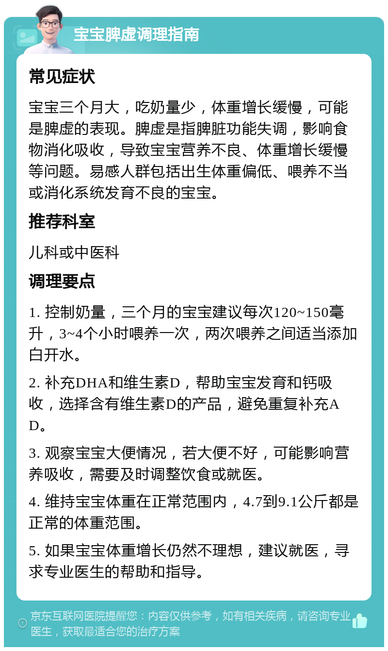 宝宝脾虚调理指南 常见症状 宝宝三个月大，吃奶量少，体重增长缓慢，可能是脾虚的表现。脾虚是指脾脏功能失调，影响食物消化吸收，导致宝宝营养不良、体重增长缓慢等问题。易感人群包括出生体重偏低、喂养不当或消化系统发育不良的宝宝。 推荐科室 儿科或中医科 调理要点 1. 控制奶量，三个月的宝宝建议每次120~150毫升，3~4个小时喂养一次，两次喂养之间适当添加白开水。 2. 补充DHA和维生素D，帮助宝宝发育和钙吸收，选择含有维生素D的产品，避免重复补充AD。 3. 观察宝宝大便情况，若大便不好，可能影响营养吸收，需要及时调整饮食或就医。 4. 维持宝宝体重在正常范围内，4.7到9.1公斤都是正常的体重范围。 5. 如果宝宝体重增长仍然不理想，建议就医，寻求专业医生的帮助和指导。