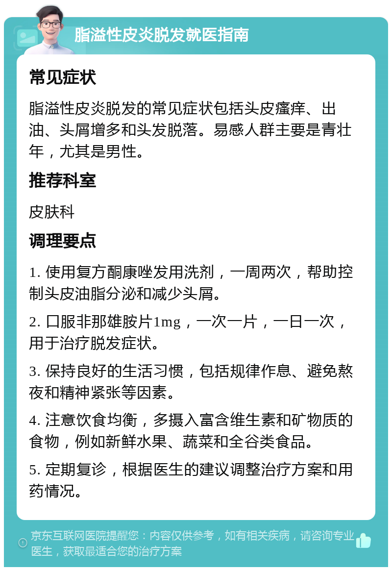 脂溢性皮炎脱发就医指南 常见症状 脂溢性皮炎脱发的常见症状包括头皮瘙痒、出油、头屑增多和头发脱落。易感人群主要是青壮年，尤其是男性。 推荐科室 皮肤科 调理要点 1. 使用复方酮康唑发用洗剂，一周两次，帮助控制头皮油脂分泌和减少头屑。 2. 口服非那雄胺片1mg，一次一片，一日一次，用于治疗脱发症状。 3. 保持良好的生活习惯，包括规律作息、避免熬夜和精神紧张等因素。 4. 注意饮食均衡，多摄入富含维生素和矿物质的食物，例如新鲜水果、蔬菜和全谷类食品。 5. 定期复诊，根据医生的建议调整治疗方案和用药情况。