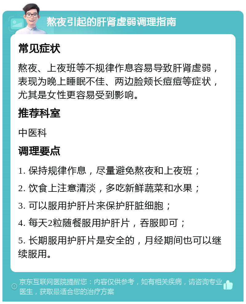 熬夜引起的肝肾虚弱调理指南 常见症状 熬夜、上夜班等不规律作息容易导致肝肾虚弱，表现为晚上睡眠不佳、两边脸颊长痘痘等症状，尤其是女性更容易受到影响。 推荐科室 中医科 调理要点 1. 保持规律作息，尽量避免熬夜和上夜班； 2. 饮食上注意清淡，多吃新鲜蔬菜和水果； 3. 可以服用护肝片来保护肝脏细胞； 4. 每天2粒随餐服用护肝片，吞服即可； 5. 长期服用护肝片是安全的，月经期间也可以继续服用。