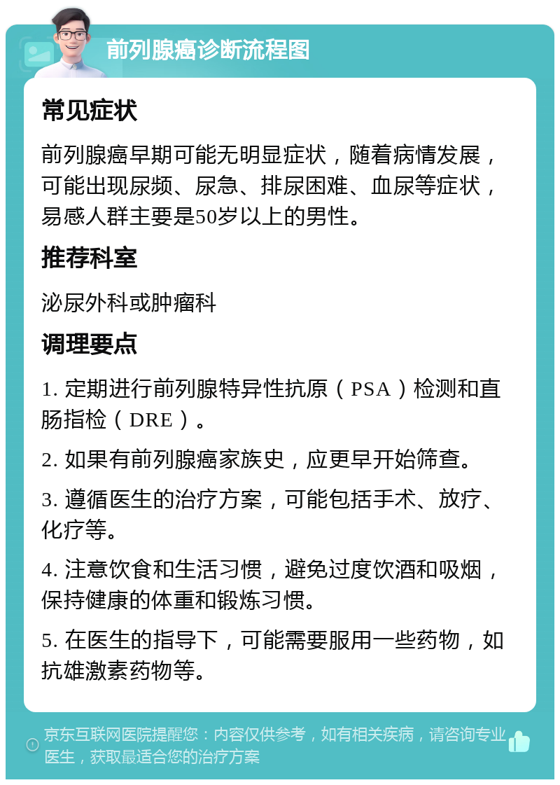 前列腺癌诊断流程图 常见症状 前列腺癌早期可能无明显症状，随着病情发展，可能出现尿频、尿急、排尿困难、血尿等症状，易感人群主要是50岁以上的男性。 推荐科室 泌尿外科或肿瘤科 调理要点 1. 定期进行前列腺特异性抗原（PSA）检测和直肠指检（DRE）。 2. 如果有前列腺癌家族史，应更早开始筛查。 3. 遵循医生的治疗方案，可能包括手术、放疗、化疗等。 4. 注意饮食和生活习惯，避免过度饮酒和吸烟，保持健康的体重和锻炼习惯。 5. 在医生的指导下，可能需要服用一些药物，如抗雄激素药物等。