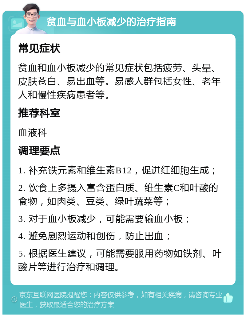 贫血与血小板减少的治疗指南 常见症状 贫血和血小板减少的常见症状包括疲劳、头晕、皮肤苍白、易出血等。易感人群包括女性、老年人和慢性疾病患者等。 推荐科室 血液科 调理要点 1. 补充铁元素和维生素B12，促进红细胞生成； 2. 饮食上多摄入富含蛋白质、维生素C和叶酸的食物，如肉类、豆类、绿叶蔬菜等； 3. 对于血小板减少，可能需要输血小板； 4. 避免剧烈运动和创伤，防止出血； 5. 根据医生建议，可能需要服用药物如铁剂、叶酸片等进行治疗和调理。