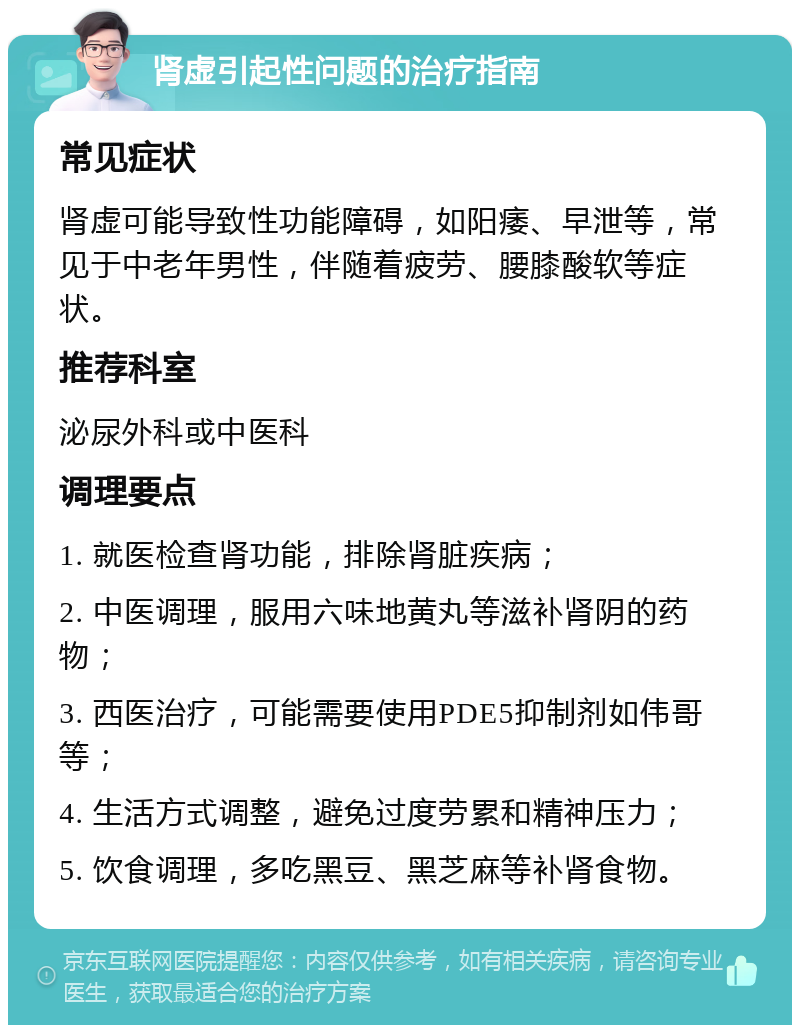 肾虚引起性问题的治疗指南 常见症状 肾虚可能导致性功能障碍，如阳痿、早泄等，常见于中老年男性，伴随着疲劳、腰膝酸软等症状。 推荐科室 泌尿外科或中医科 调理要点 1. 就医检查肾功能，排除肾脏疾病； 2. 中医调理，服用六味地黄丸等滋补肾阴的药物； 3. 西医治疗，可能需要使用PDE5抑制剂如伟哥等； 4. 生活方式调整，避免过度劳累和精神压力； 5. 饮食调理，多吃黑豆、黑芝麻等补肾食物。