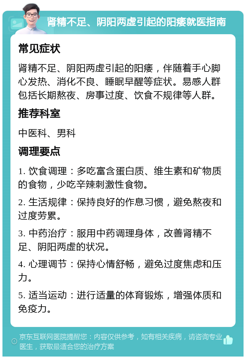 肾精不足、阴阳两虚引起的阳痿就医指南 常见症状 肾精不足、阴阳两虚引起的阳痿，伴随着手心脚心发热、消化不良、睡眠早醒等症状。易感人群包括长期熬夜、房事过度、饮食不规律等人群。 推荐科室 中医科、男科 调理要点 1. 饮食调理：多吃富含蛋白质、维生素和矿物质的食物，少吃辛辣刺激性食物。 2. 生活规律：保持良好的作息习惯，避免熬夜和过度劳累。 3. 中药治疗：服用中药调理身体，改善肾精不足、阴阳两虚的状况。 4. 心理调节：保持心情舒畅，避免过度焦虑和压力。 5. 适当运动：进行适量的体育锻炼，增强体质和免疫力。