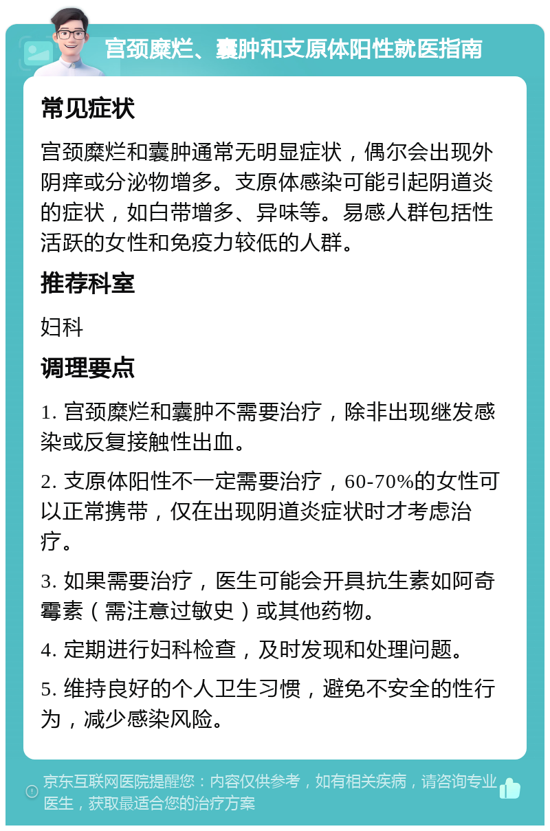 宫颈糜烂、囊肿和支原体阳性就医指南 常见症状 宫颈糜烂和囊肿通常无明显症状，偶尔会出现外阴痒或分泌物增多。支原体感染可能引起阴道炎的症状，如白带增多、异味等。易感人群包括性活跃的女性和免疫力较低的人群。 推荐科室 妇科 调理要点 1. 宫颈糜烂和囊肿不需要治疗，除非出现继发感染或反复接触性出血。 2. 支原体阳性不一定需要治疗，60-70%的女性可以正常携带，仅在出现阴道炎症状时才考虑治疗。 3. 如果需要治疗，医生可能会开具抗生素如阿奇霉素（需注意过敏史）或其他药物。 4. 定期进行妇科检查，及时发现和处理问题。 5. 维持良好的个人卫生习惯，避免不安全的性行为，减少感染风险。