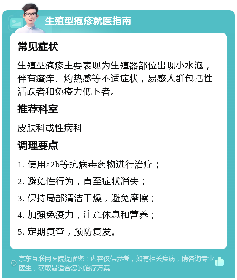 生殖型疱疹就医指南 常见症状 生殖型疱疹主要表现为生殖器部位出现小水泡，伴有瘙痒、灼热感等不适症状，易感人群包括性活跃者和免疫力低下者。 推荐科室 皮肤科或性病科 调理要点 1. 使用a2b等抗病毒药物进行治疗； 2. 避免性行为，直至症状消失； 3. 保持局部清洁干燥，避免摩擦； 4. 加强免疫力，注意休息和营养； 5. 定期复查，预防复发。