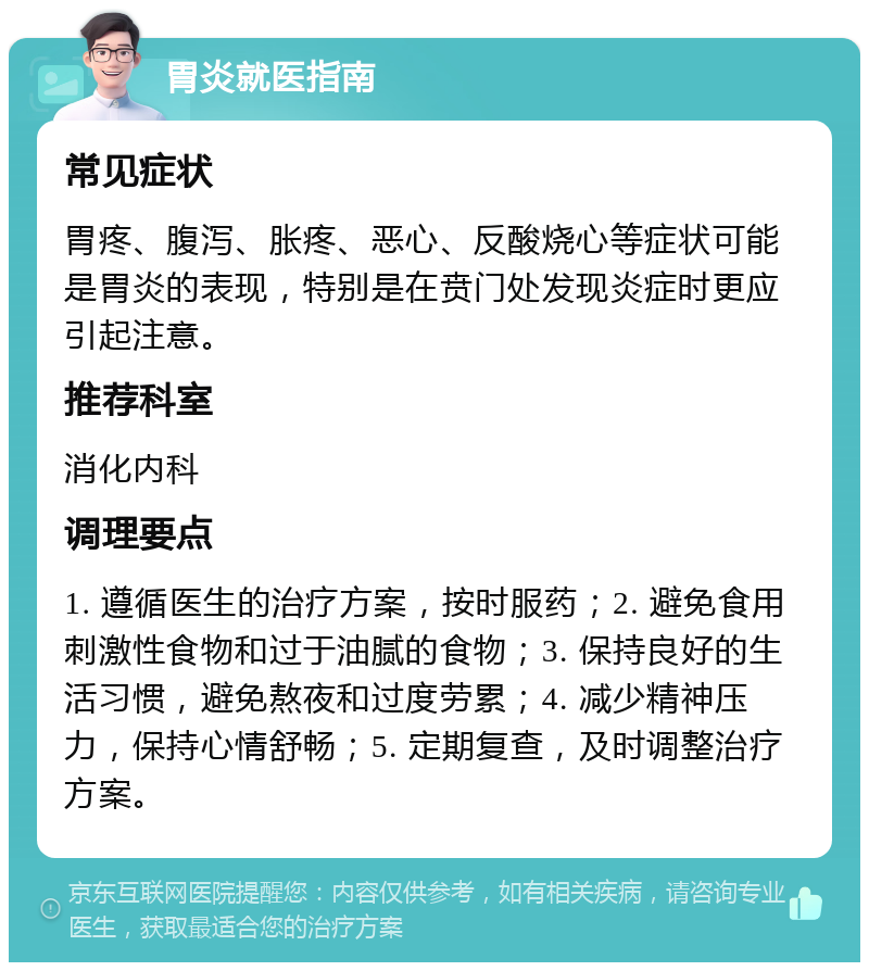 胃炎就医指南 常见症状 胃疼、腹泻、胀疼、恶心、反酸烧心等症状可能是胃炎的表现，特别是在贲门处发现炎症时更应引起注意。 推荐科室 消化内科 调理要点 1. 遵循医生的治疗方案，按时服药；2. 避免食用刺激性食物和过于油腻的食物；3. 保持良好的生活习惯，避免熬夜和过度劳累；4. 减少精神压力，保持心情舒畅；5. 定期复查，及时调整治疗方案。