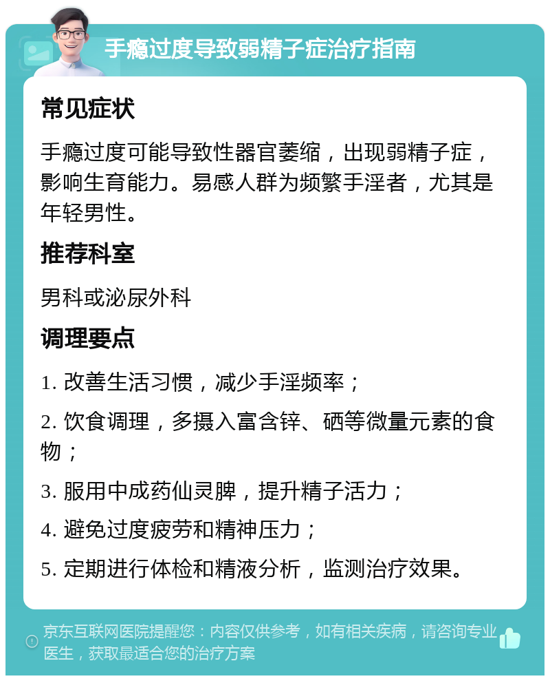 手瘾过度导致弱精子症治疗指南 常见症状 手瘾过度可能导致性器官萎缩，出现弱精子症，影响生育能力。易感人群为频繁手淫者，尤其是年轻男性。 推荐科室 男科或泌尿外科 调理要点 1. 改善生活习惯，减少手淫频率； 2. 饮食调理，多摄入富含锌、硒等微量元素的食物； 3. 服用中成药仙灵脾，提升精子活力； 4. 避免过度疲劳和精神压力； 5. 定期进行体检和精液分析，监测治疗效果。