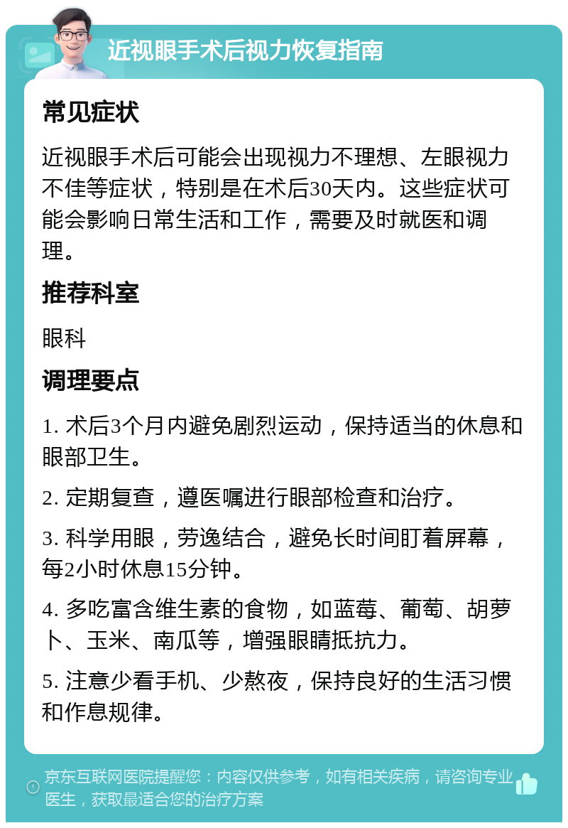 近视眼手术后视力恢复指南 常见症状 近视眼手术后可能会出现视力不理想、左眼视力不佳等症状，特别是在术后30天内。这些症状可能会影响日常生活和工作，需要及时就医和调理。 推荐科室 眼科 调理要点 1. 术后3个月内避免剧烈运动，保持适当的休息和眼部卫生。 2. 定期复查，遵医嘱进行眼部检查和治疗。 3. 科学用眼，劳逸结合，避免长时间盯着屏幕，每2小时休息15分钟。 4. 多吃富含维生素的食物，如蓝莓、葡萄、胡萝卜、玉米、南瓜等，增强眼睛抵抗力。 5. 注意少看手机、少熬夜，保持良好的生活习惯和作息规律。