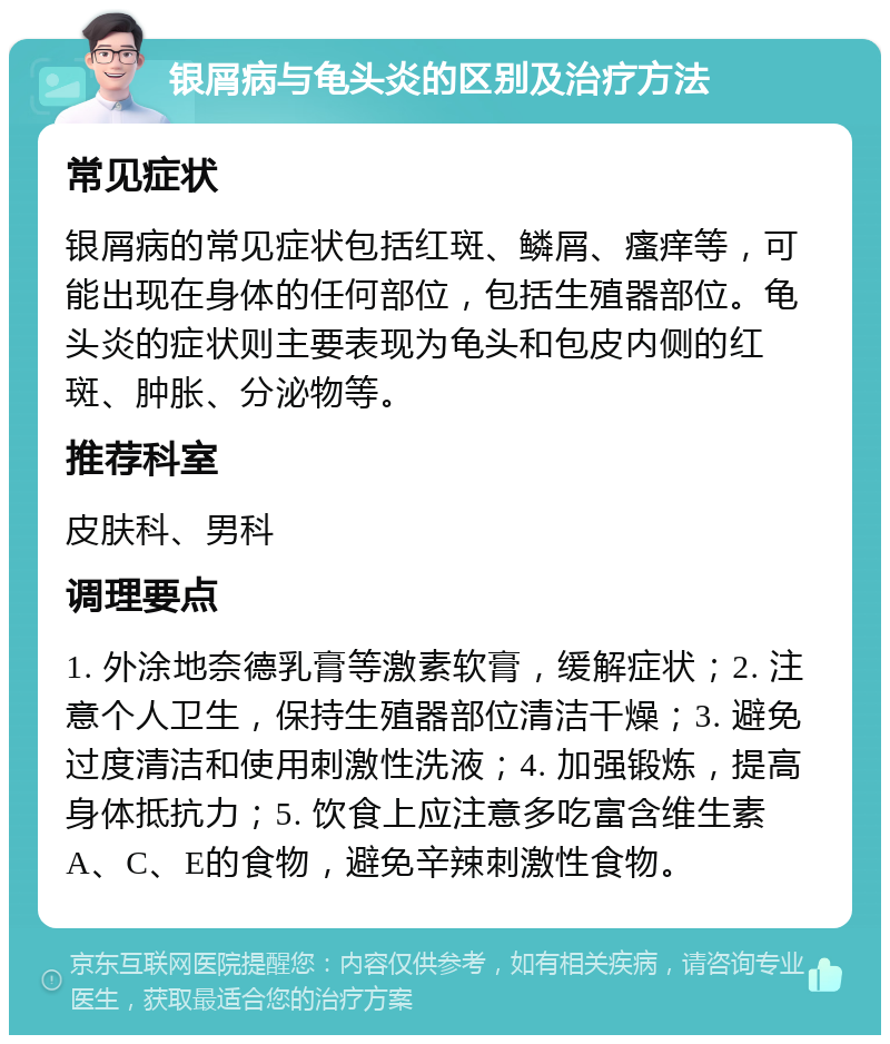 银屑病与龟头炎的区别及治疗方法 常见症状 银屑病的常见症状包括红斑、鳞屑、瘙痒等，可能出现在身体的任何部位，包括生殖器部位。龟头炎的症状则主要表现为龟头和包皮内侧的红斑、肿胀、分泌物等。 推荐科室 皮肤科、男科 调理要点 1. 外涂地奈德乳膏等激素软膏，缓解症状；2. 注意个人卫生，保持生殖器部位清洁干燥；3. 避免过度清洁和使用刺激性洗液；4. 加强锻炼，提高身体抵抗力；5. 饮食上应注意多吃富含维生素A、C、E的食物，避免辛辣刺激性食物。