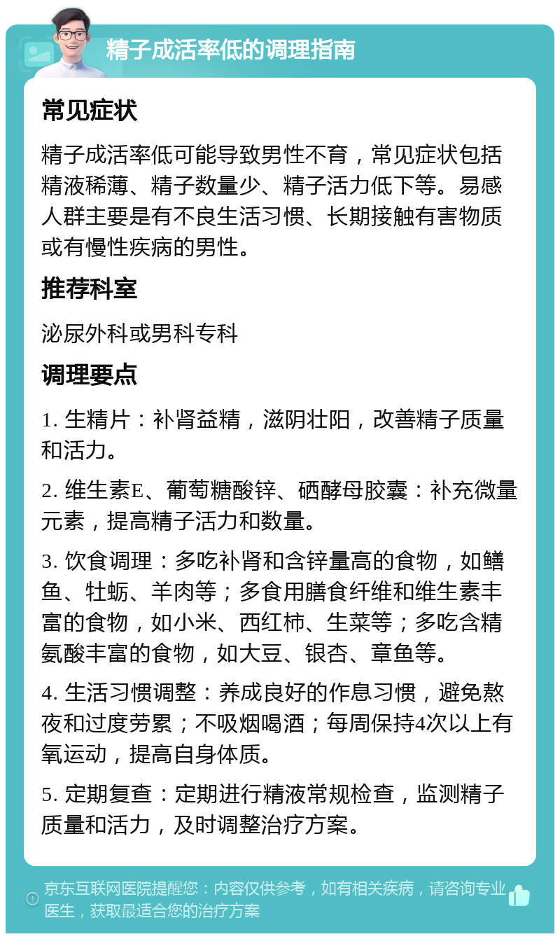 精子成活率低的调理指南 常见症状 精子成活率低可能导致男性不育，常见症状包括精液稀薄、精子数量少、精子活力低下等。易感人群主要是有不良生活习惯、长期接触有害物质或有慢性疾病的男性。 推荐科室 泌尿外科或男科专科 调理要点 1. 生精片：补肾益精，滋阴壮阳，改善精子质量和活力。 2. 维生素E、葡萄糖酸锌、硒酵母胶囊：补充微量元素，提高精子活力和数量。 3. 饮食调理：多吃补肾和含锌量高的食物，如鳝鱼、牡蛎、羊肉等；多食用膳食纤维和维生素丰富的食物，如小米、西红柿、生菜等；多吃含精氨酸丰富的食物，如大豆、银杏、章鱼等。 4. 生活习惯调整：养成良好的作息习惯，避免熬夜和过度劳累；不吸烟喝酒；每周保持4次以上有氧运动，提高自身体质。 5. 定期复查：定期进行精液常规检查，监测精子质量和活力，及时调整治疗方案。