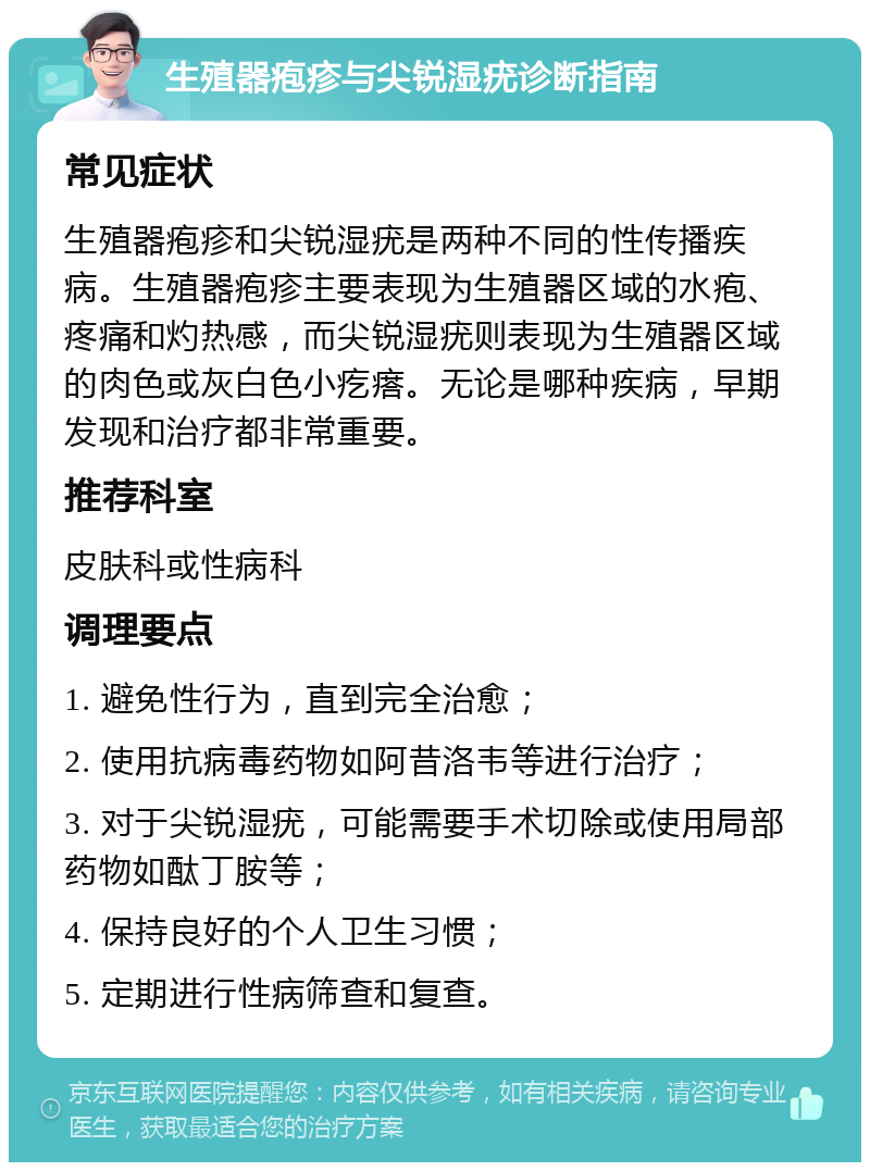 生殖器疱疹与尖锐湿疣诊断指南 常见症状 生殖器疱疹和尖锐湿疣是两种不同的性传播疾病。生殖器疱疹主要表现为生殖器区域的水疱、疼痛和灼热感，而尖锐湿疣则表现为生殖器区域的肉色或灰白色小疙瘩。无论是哪种疾病，早期发现和治疗都非常重要。 推荐科室 皮肤科或性病科 调理要点 1. 避免性行为，直到完全治愈； 2. 使用抗病毒药物如阿昔洛韦等进行治疗； 3. 对于尖锐湿疣，可能需要手术切除或使用局部药物如酞丁胺等； 4. 保持良好的个人卫生习惯； 5. 定期进行性病筛查和复查。