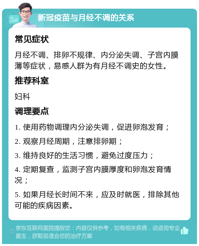 新冠疫苗与月经不调的关系 常见症状 月经不调、排卵不规律、内分泌失调、子宫内膜薄等症状，易感人群为有月经不调史的女性。 推荐科室 妇科 调理要点 1. 使用药物调理内分泌失调，促进卵泡发育； 2. 观察月经周期，注意排卵期； 3. 维持良好的生活习惯，避免过度压力； 4. 定期复查，监测子宫内膜厚度和卵泡发育情况； 5. 如果月经长时间不来，应及时就医，排除其他可能的疾病因素。