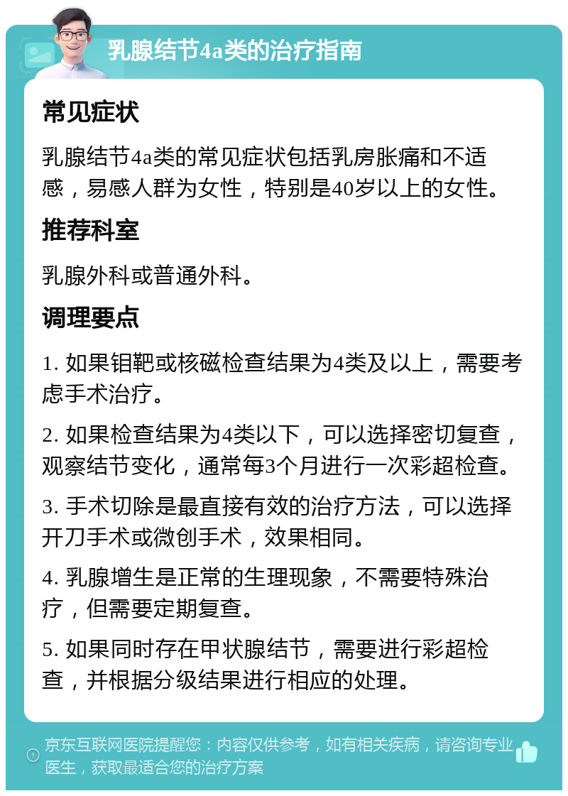 乳腺结节4a类的治疗指南 常见症状 乳腺结节4a类的常见症状包括乳房胀痛和不适感，易感人群为女性，特别是40岁以上的女性。 推荐科室 乳腺外科或普通外科。 调理要点 1. 如果钼靶或核磁检查结果为4类及以上，需要考虑手术治疗。 2. 如果检查结果为4类以下，可以选择密切复查，观察结节变化，通常每3个月进行一次彩超检查。 3. 手术切除是最直接有效的治疗方法，可以选择开刀手术或微创手术，效果相同。 4. 乳腺增生是正常的生理现象，不需要特殊治疗，但需要定期复查。 5. 如果同时存在甲状腺结节，需要进行彩超检查，并根据分级结果进行相应的处理。