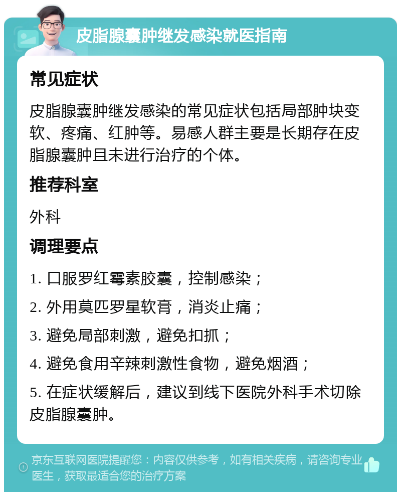 皮脂腺囊肿继发感染就医指南 常见症状 皮脂腺囊肿继发感染的常见症状包括局部肿块变软、疼痛、红肿等。易感人群主要是长期存在皮脂腺囊肿且未进行治疗的个体。 推荐科室 外科 调理要点 1. 口服罗红霉素胶囊，控制感染； 2. 外用莫匹罗星软膏，消炎止痛； 3. 避免局部刺激，避免扣抓； 4. 避免食用辛辣刺激性食物，避免烟酒； 5. 在症状缓解后，建议到线下医院外科手术切除皮脂腺囊肿。