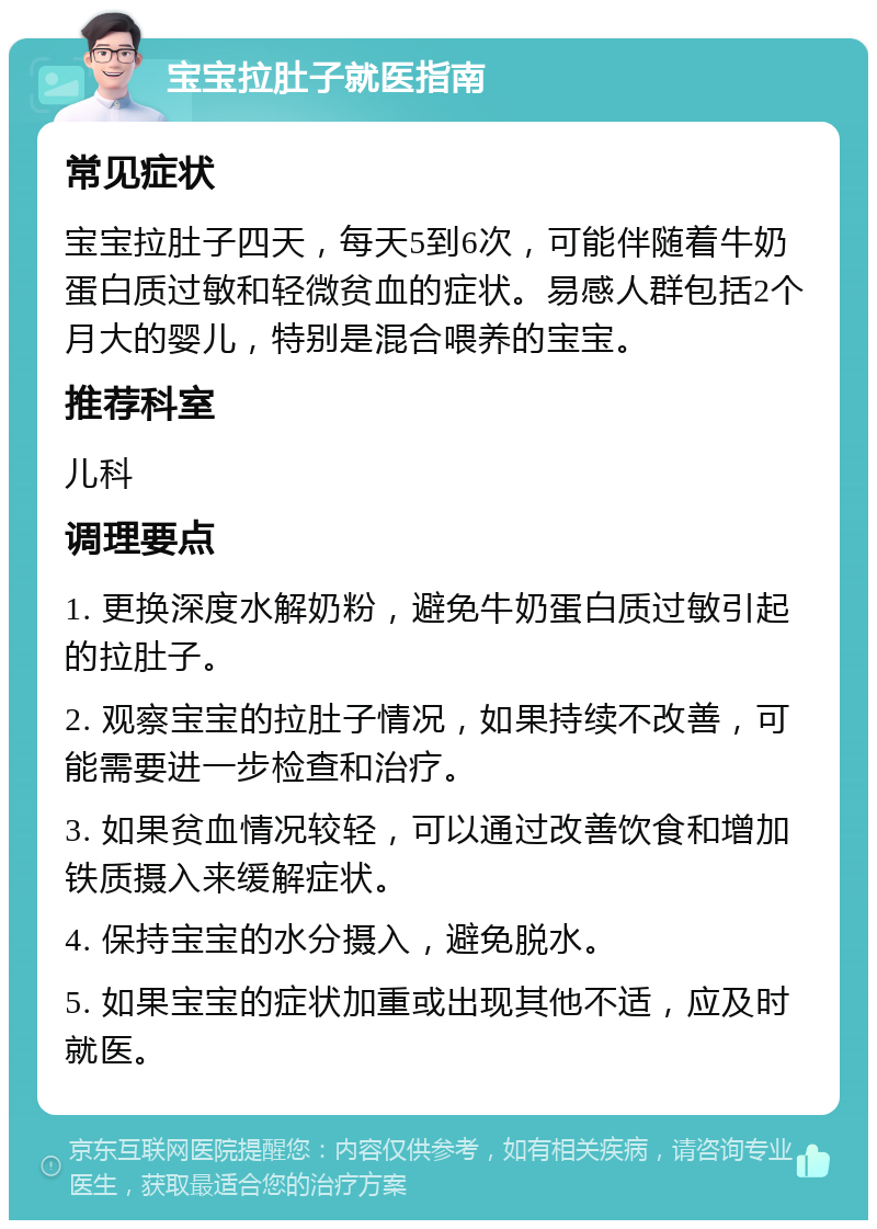 宝宝拉肚子就医指南 常见症状 宝宝拉肚子四天，每天5到6次，可能伴随着牛奶蛋白质过敏和轻微贫血的症状。易感人群包括2个月大的婴儿，特别是混合喂养的宝宝。 推荐科室 儿科 调理要点 1. 更换深度水解奶粉，避免牛奶蛋白质过敏引起的拉肚子。 2. 观察宝宝的拉肚子情况，如果持续不改善，可能需要进一步检查和治疗。 3. 如果贫血情况较轻，可以通过改善饮食和增加铁质摄入来缓解症状。 4. 保持宝宝的水分摄入，避免脱水。 5. 如果宝宝的症状加重或出现其他不适，应及时就医。