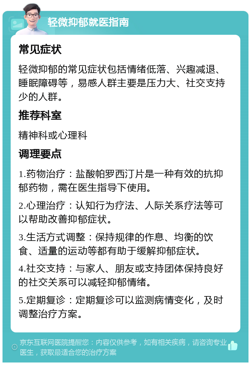 轻微抑郁就医指南 常见症状 轻微抑郁的常见症状包括情绪低落、兴趣减退、睡眠障碍等，易感人群主要是压力大、社交支持少的人群。 推荐科室 精神科或心理科 调理要点 1.药物治疗：盐酸帕罗西汀片是一种有效的抗抑郁药物，需在医生指导下使用。 2.心理治疗：认知行为疗法、人际关系疗法等可以帮助改善抑郁症状。 3.生活方式调整：保持规律的作息、均衡的饮食、适量的运动等都有助于缓解抑郁症状。 4.社交支持：与家人、朋友或支持团体保持良好的社交关系可以减轻抑郁情绪。 5.定期复诊：定期复诊可以监测病情变化，及时调整治疗方案。