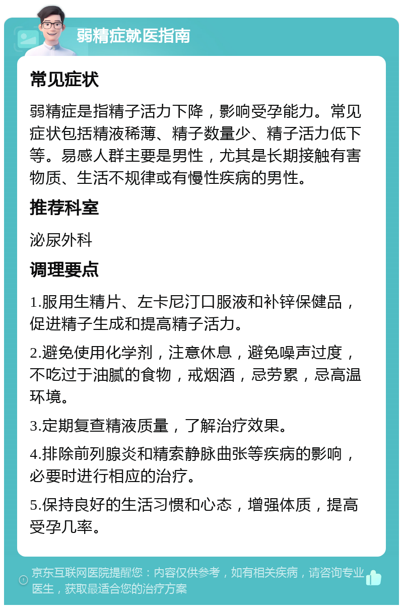 弱精症就医指南 常见症状 弱精症是指精子活力下降，影响受孕能力。常见症状包括精液稀薄、精子数量少、精子活力低下等。易感人群主要是男性，尤其是长期接触有害物质、生活不规律或有慢性疾病的男性。 推荐科室 泌尿外科 调理要点 1.服用生精片、左卡尼汀口服液和补锌保健品，促进精子生成和提高精子活力。 2.避免使用化学剂，注意休息，避免噪声过度，不吃过于油腻的食物，戒烟酒，忌劳累，忌高温环境。 3.定期复查精液质量，了解治疗效果。 4.排除前列腺炎和精索静脉曲张等疾病的影响，必要时进行相应的治疗。 5.保持良好的生活习惯和心态，增强体质，提高受孕几率。