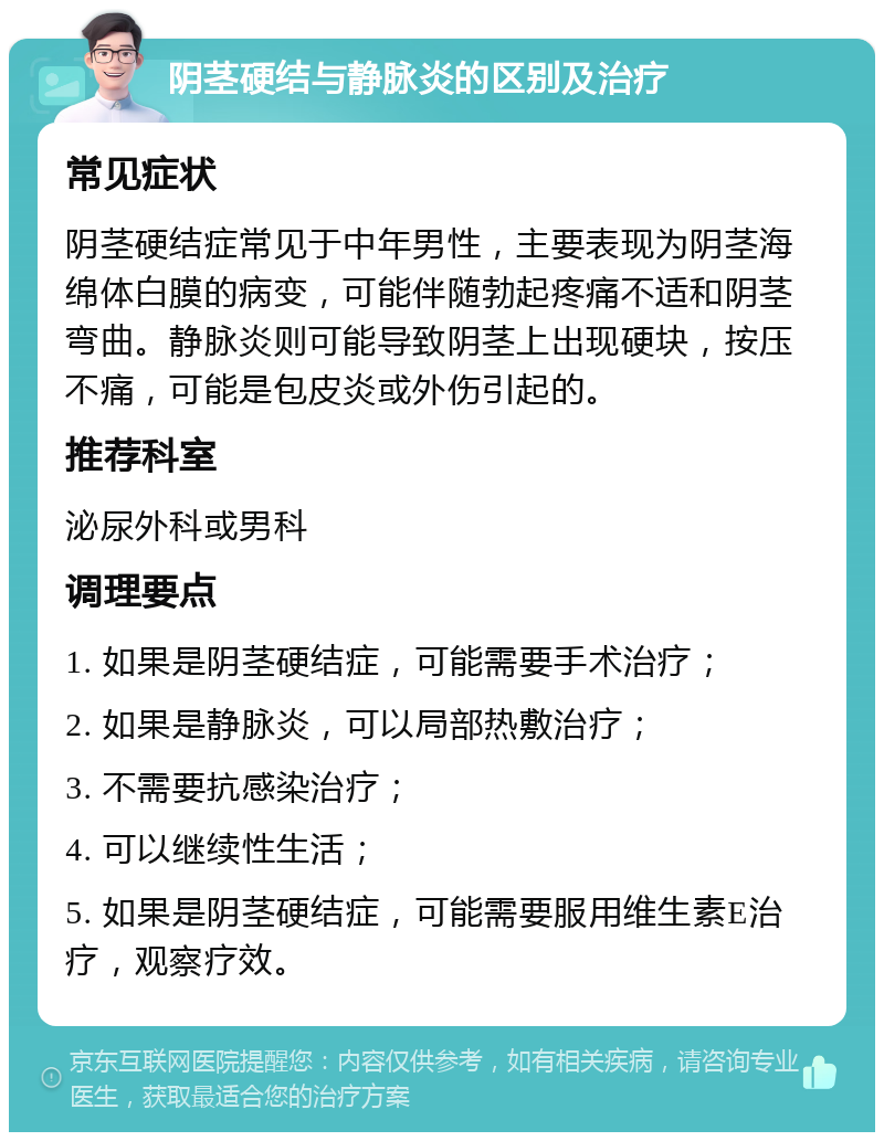 阴茎硬结与静脉炎的区别及治疗 常见症状 阴茎硬结症常见于中年男性，主要表现为阴茎海绵体白膜的病变，可能伴随勃起疼痛不适和阴茎弯曲。静脉炎则可能导致阴茎上出现硬块，按压不痛，可能是包皮炎或外伤引起的。 推荐科室 泌尿外科或男科 调理要点 1. 如果是阴茎硬结症，可能需要手术治疗； 2. 如果是静脉炎，可以局部热敷治疗； 3. 不需要抗感染治疗； 4. 可以继续性生活； 5. 如果是阴茎硬结症，可能需要服用维生素E治疗，观察疗效。