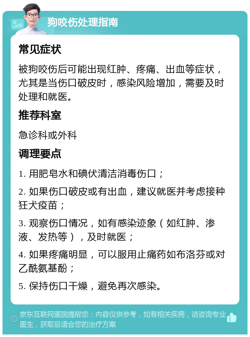 狗咬伤处理指南 常见症状 被狗咬伤后可能出现红肿、疼痛、出血等症状，尤其是当伤口破皮时，感染风险增加，需要及时处理和就医。 推荐科室 急诊科或外科 调理要点 1. 用肥皂水和碘伏清洁消毒伤口； 2. 如果伤口破皮或有出血，建议就医并考虑接种狂犬疫苗； 3. 观察伤口情况，如有感染迹象（如红肿、渗液、发热等），及时就医； 4. 如果疼痛明显，可以服用止痛药如布洛芬或对乙酰氨基酚； 5. 保持伤口干燥，避免再次感染。