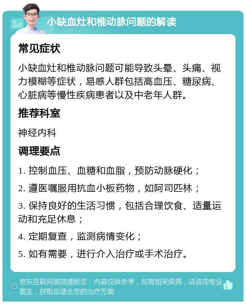 小缺血灶和椎动脉问题的解读 常见症状 小缺血灶和椎动脉问题可能导致头晕、头痛、视力模糊等症状，易感人群包括高血压、糖尿病、心脏病等慢性疾病患者以及中老年人群。 推荐科室 神经内科 调理要点 1. 控制血压、血糖和血脂，预防动脉硬化； 2. 遵医嘱服用抗血小板药物，如阿司匹林； 3. 保持良好的生活习惯，包括合理饮食、适量运动和充足休息； 4. 定期复查，监测病情变化； 5. 如有需要，进行介入治疗或手术治疗。