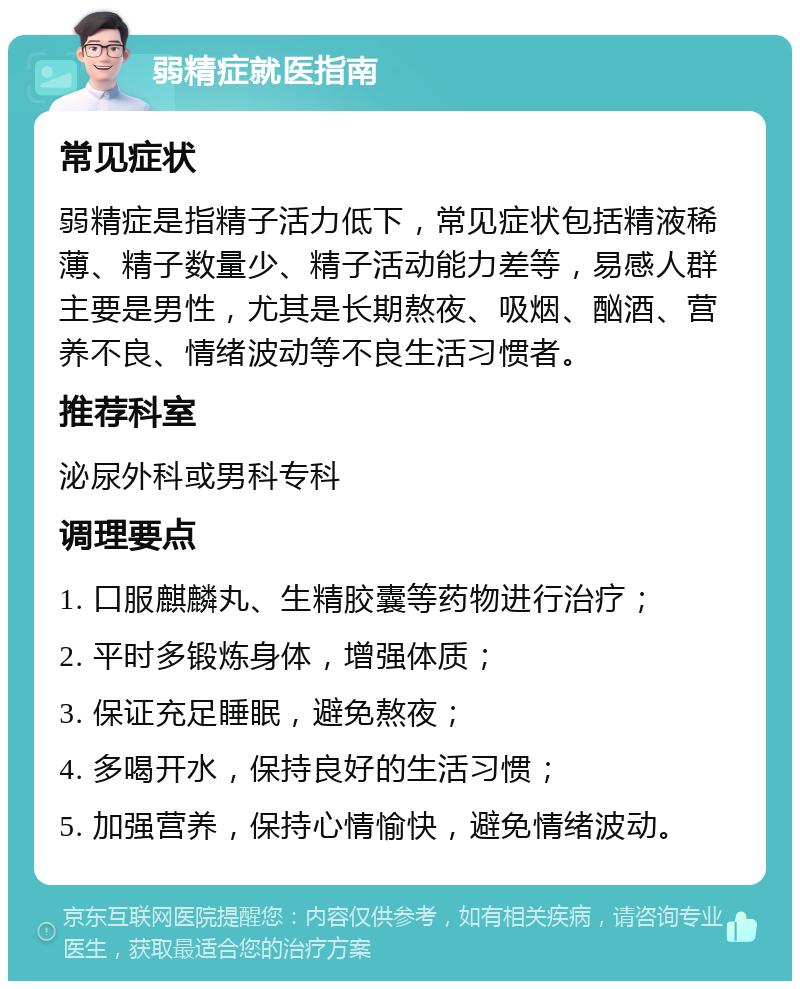 弱精症就医指南 常见症状 弱精症是指精子活力低下，常见症状包括精液稀薄、精子数量少、精子活动能力差等，易感人群主要是男性，尤其是长期熬夜、吸烟、酗酒、营养不良、情绪波动等不良生活习惯者。 推荐科室 泌尿外科或男科专科 调理要点 1. 口服麒麟丸、生精胶囊等药物进行治疗； 2. 平时多锻炼身体，增强体质； 3. 保证充足睡眠，避免熬夜； 4. 多喝开水，保持良好的生活习惯； 5. 加强营养，保持心情愉快，避免情绪波动。