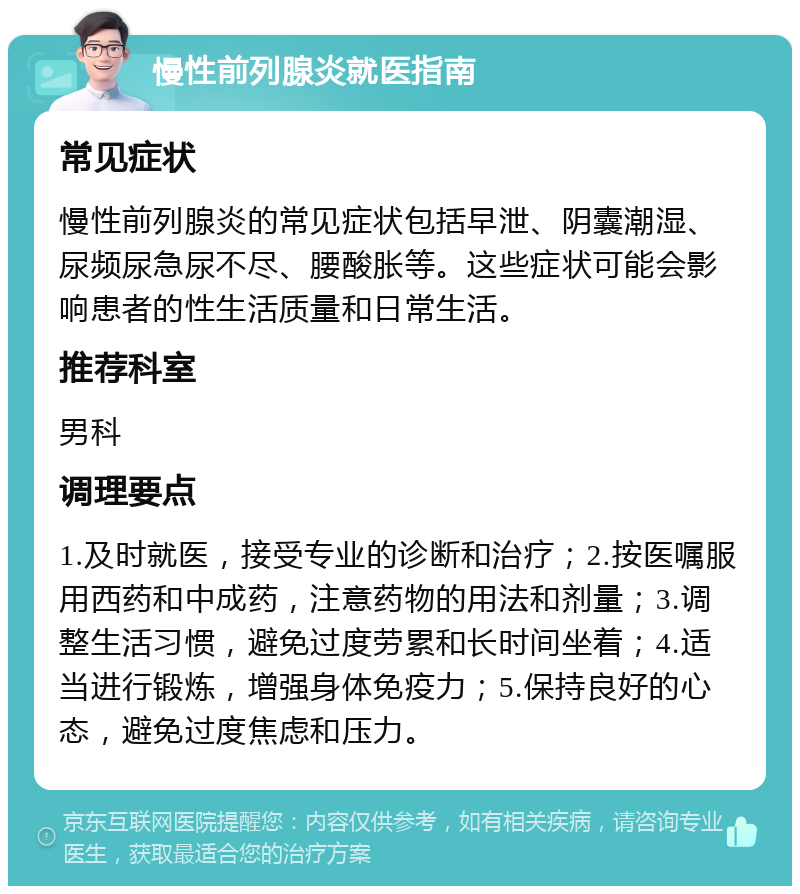 慢性前列腺炎就医指南 常见症状 慢性前列腺炎的常见症状包括早泄、阴囊潮湿、尿频尿急尿不尽、腰酸胀等。这些症状可能会影响患者的性生活质量和日常生活。 推荐科室 男科 调理要点 1.及时就医，接受专业的诊断和治疗；2.按医嘱服用西药和中成药，注意药物的用法和剂量；3.调整生活习惯，避免过度劳累和长时间坐着；4.适当进行锻炼，增强身体免疫力；5.保持良好的心态，避免过度焦虑和压力。