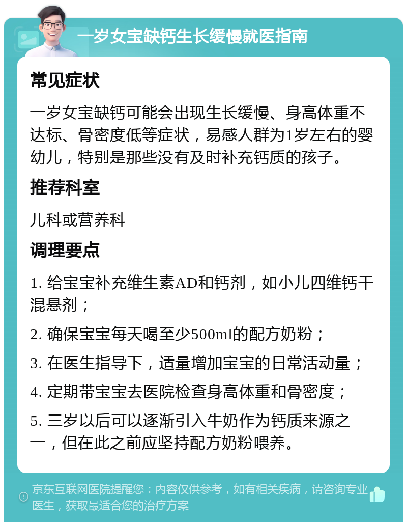 一岁女宝缺钙生长缓慢就医指南 常见症状 一岁女宝缺钙可能会出现生长缓慢、身高体重不达标、骨密度低等症状，易感人群为1岁左右的婴幼儿，特别是那些没有及时补充钙质的孩子。 推荐科室 儿科或营养科 调理要点 1. 给宝宝补充维生素AD和钙剂，如小儿四维钙干混悬剂； 2. 确保宝宝每天喝至少500ml的配方奶粉； 3. 在医生指导下，适量增加宝宝的日常活动量； 4. 定期带宝宝去医院检查身高体重和骨密度； 5. 三岁以后可以逐渐引入牛奶作为钙质来源之一，但在此之前应坚持配方奶粉喂养。