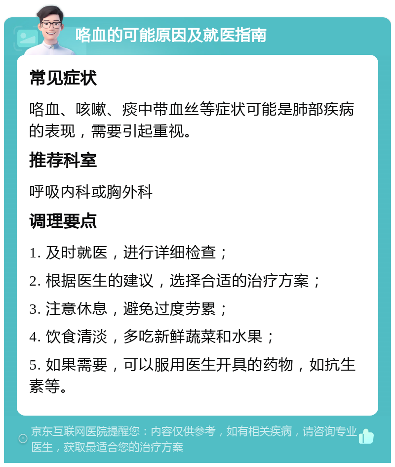 咯血的可能原因及就医指南 常见症状 咯血、咳嗽、痰中带血丝等症状可能是肺部疾病的表现，需要引起重视。 推荐科室 呼吸内科或胸外科 调理要点 1. 及时就医，进行详细检查； 2. 根据医生的建议，选择合适的治疗方案； 3. 注意休息，避免过度劳累； 4. 饮食清淡，多吃新鲜蔬菜和水果； 5. 如果需要，可以服用医生开具的药物，如抗生素等。