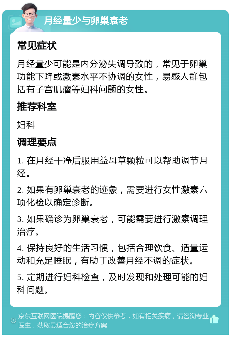 月经量少与卵巢衰老 常见症状 月经量少可能是内分泌失调导致的，常见于卵巢功能下降或激素水平不协调的女性，易感人群包括有子宫肌瘤等妇科问题的女性。 推荐科室 妇科 调理要点 1. 在月经干净后服用益母草颗粒可以帮助调节月经。 2. 如果有卵巢衰老的迹象，需要进行女性激素六项化验以确定诊断。 3. 如果确诊为卵巢衰老，可能需要进行激素调理治疗。 4. 保持良好的生活习惯，包括合理饮食、适量运动和充足睡眠，有助于改善月经不调的症状。 5. 定期进行妇科检查，及时发现和处理可能的妇科问题。