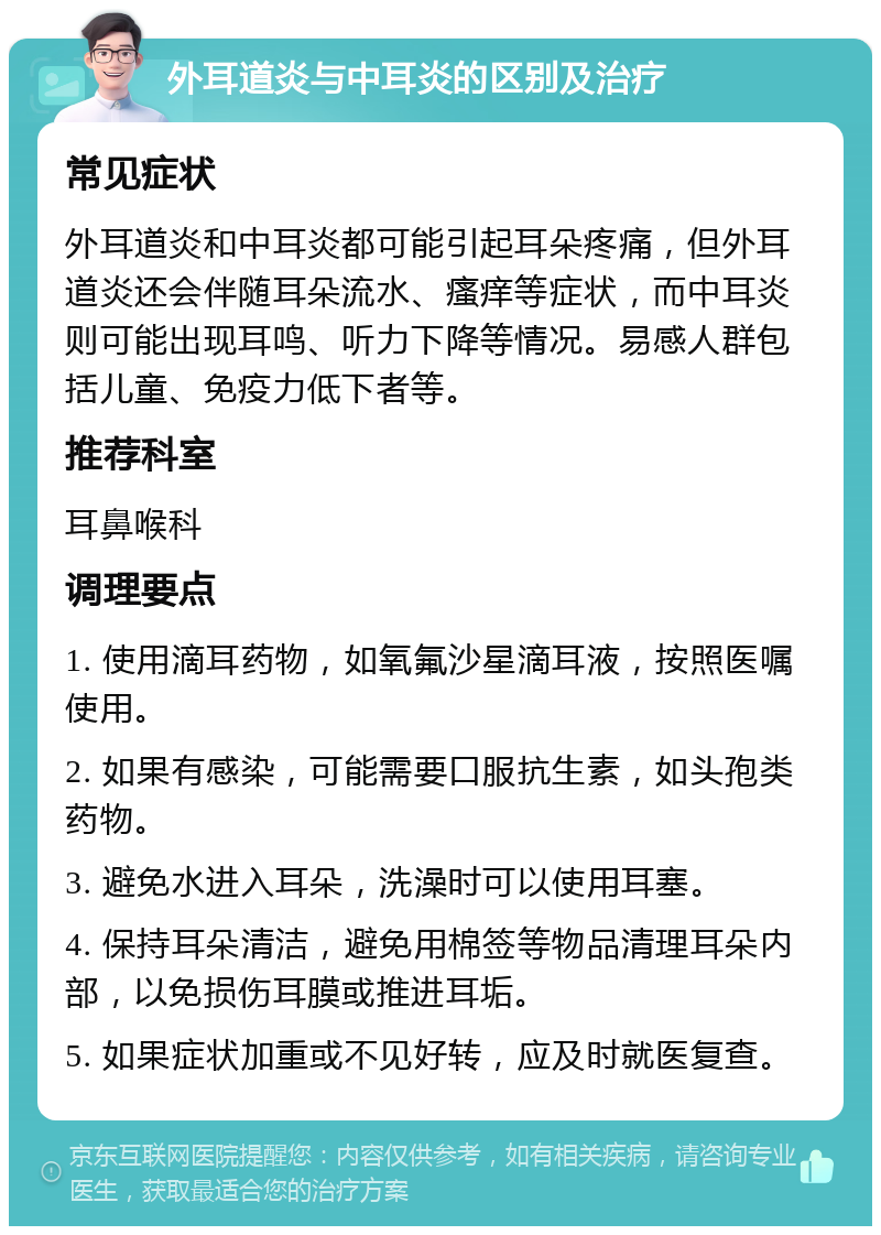 外耳道炎与中耳炎的区别及治疗 常见症状 外耳道炎和中耳炎都可能引起耳朵疼痛，但外耳道炎还会伴随耳朵流水、瘙痒等症状，而中耳炎则可能出现耳鸣、听力下降等情况。易感人群包括儿童、免疫力低下者等。 推荐科室 耳鼻喉科 调理要点 1. 使用滴耳药物，如氧氟沙星滴耳液，按照医嘱使用。 2. 如果有感染，可能需要口服抗生素，如头孢类药物。 3. 避免水进入耳朵，洗澡时可以使用耳塞。 4. 保持耳朵清洁，避免用棉签等物品清理耳朵内部，以免损伤耳膜或推进耳垢。 5. 如果症状加重或不见好转，应及时就医复查。