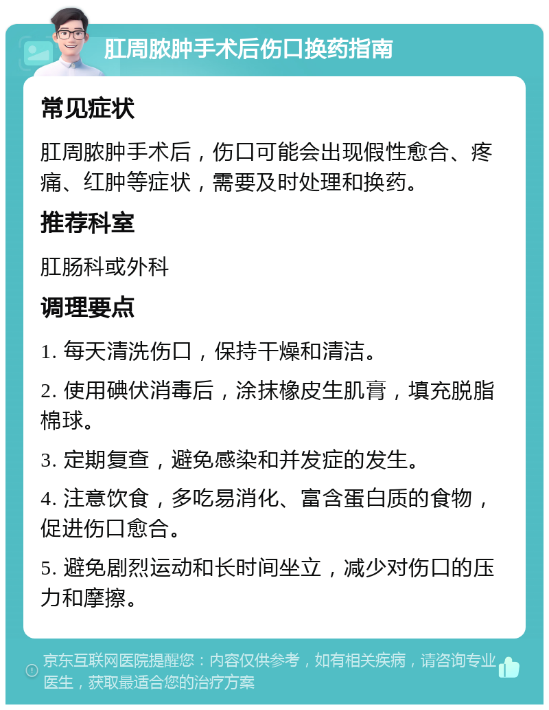 肛周脓肿手术后伤口换药指南 常见症状 肛周脓肿手术后，伤口可能会出现假性愈合、疼痛、红肿等症状，需要及时处理和换药。 推荐科室 肛肠科或外科 调理要点 1. 每天清洗伤口，保持干燥和清洁。 2. 使用碘伏消毒后，涂抹橡皮生肌膏，填充脱脂棉球。 3. 定期复查，避免感染和并发症的发生。 4. 注意饮食，多吃易消化、富含蛋白质的食物，促进伤口愈合。 5. 避免剧烈运动和长时间坐立，减少对伤口的压力和摩擦。