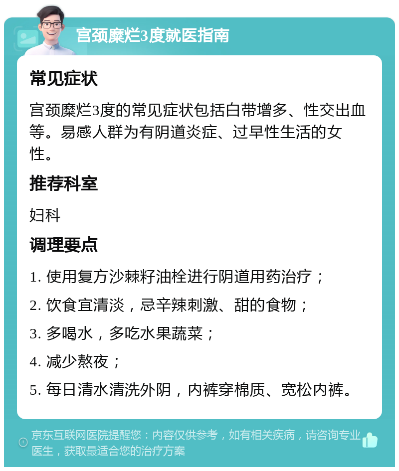 宫颈糜烂3度就医指南 常见症状 宫颈糜烂3度的常见症状包括白带增多、性交出血等。易感人群为有阴道炎症、过早性生活的女性。 推荐科室 妇科 调理要点 1. 使用复方沙棘籽油栓进行阴道用药治疗； 2. 饮食宜清淡，忌辛辣刺激、甜的食物； 3. 多喝水，多吃水果蔬菜； 4. 减少熬夜； 5. 每日清水清洗外阴，内裤穿棉质、宽松内裤。