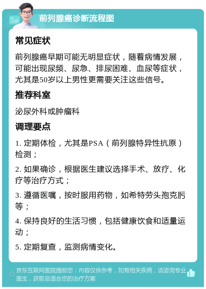 前列腺癌诊断流程图 常见症状 前列腺癌早期可能无明显症状，随着病情发展，可能出现尿频、尿急、排尿困难、血尿等症状，尤其是50岁以上男性更需要关注这些信号。 推荐科室 泌尿外科或肿瘤科 调理要点 1. 定期体检，尤其是PSA（前列腺特异性抗原）检测； 2. 如果确诊，根据医生建议选择手术、放疗、化疗等治疗方式； 3. 遵循医嘱，按时服用药物，如希特劳头孢克肟等； 4. 保持良好的生活习惯，包括健康饮食和适量运动； 5. 定期复查，监测病情变化。