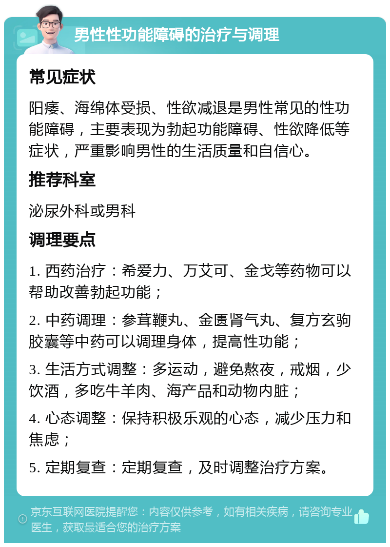 男性性功能障碍的治疗与调理 常见症状 阳痿、海绵体受损、性欲减退是男性常见的性功能障碍，主要表现为勃起功能障碍、性欲降低等症状，严重影响男性的生活质量和自信心。 推荐科室 泌尿外科或男科 调理要点 1. 西药治疗：希爱力、万艾可、金戈等药物可以帮助改善勃起功能； 2. 中药调理：参茸鞭丸、金匮肾气丸、复方玄驹胶囊等中药可以调理身体，提高性功能； 3. 生活方式调整：多运动，避免熬夜，戒烟，少饮酒，多吃牛羊肉、海产品和动物内脏； 4. 心态调整：保持积极乐观的心态，减少压力和焦虑； 5. 定期复查：定期复查，及时调整治疗方案。