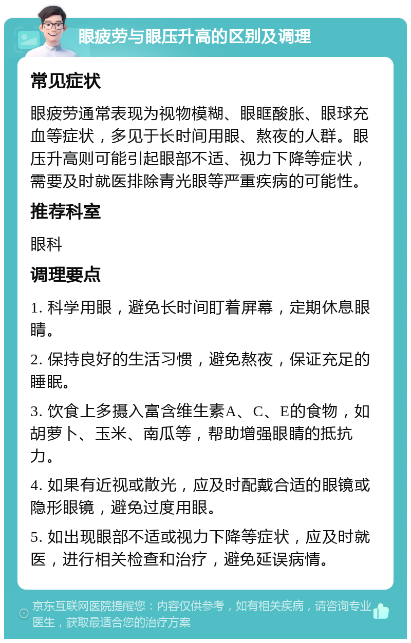 眼疲劳与眼压升高的区别及调理 常见症状 眼疲劳通常表现为视物模糊、眼眶酸胀、眼球充血等症状，多见于长时间用眼、熬夜的人群。眼压升高则可能引起眼部不适、视力下降等症状，需要及时就医排除青光眼等严重疾病的可能性。 推荐科室 眼科 调理要点 1. 科学用眼，避免长时间盯着屏幕，定期休息眼睛。 2. 保持良好的生活习惯，避免熬夜，保证充足的睡眠。 3. 饮食上多摄入富含维生素A、C、E的食物，如胡萝卜、玉米、南瓜等，帮助增强眼睛的抵抗力。 4. 如果有近视或散光，应及时配戴合适的眼镜或隐形眼镜，避免过度用眼。 5. 如出现眼部不适或视力下降等症状，应及时就医，进行相关检查和治疗，避免延误病情。