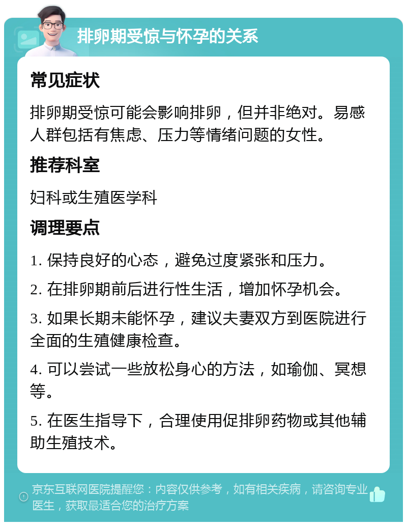 排卵期受惊与怀孕的关系 常见症状 排卵期受惊可能会影响排卵，但并非绝对。易感人群包括有焦虑、压力等情绪问题的女性。 推荐科室 妇科或生殖医学科 调理要点 1. 保持良好的心态，避免过度紧张和压力。 2. 在排卵期前后进行性生活，增加怀孕机会。 3. 如果长期未能怀孕，建议夫妻双方到医院进行全面的生殖健康检查。 4. 可以尝试一些放松身心的方法，如瑜伽、冥想等。 5. 在医生指导下，合理使用促排卵药物或其他辅助生殖技术。