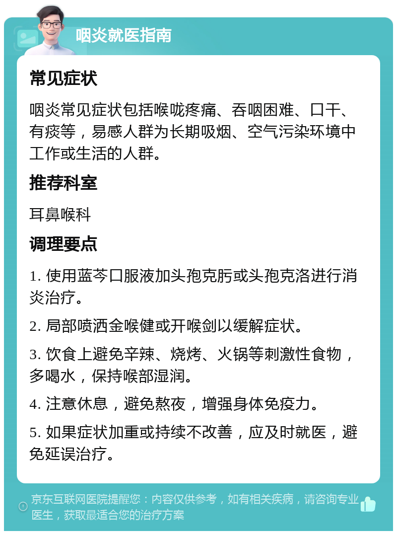 咽炎就医指南 常见症状 咽炎常见症状包括喉咙疼痛、吞咽困难、口干、有痰等，易感人群为长期吸烟、空气污染环境中工作或生活的人群。 推荐科室 耳鼻喉科 调理要点 1. 使用蓝芩口服液加头孢克肟或头孢克洛进行消炎治疗。 2. 局部喷洒金喉健或开喉剑以缓解症状。 3. 饮食上避免辛辣、烧烤、火锅等刺激性食物，多喝水，保持喉部湿润。 4. 注意休息，避免熬夜，增强身体免疫力。 5. 如果症状加重或持续不改善，应及时就医，避免延误治疗。