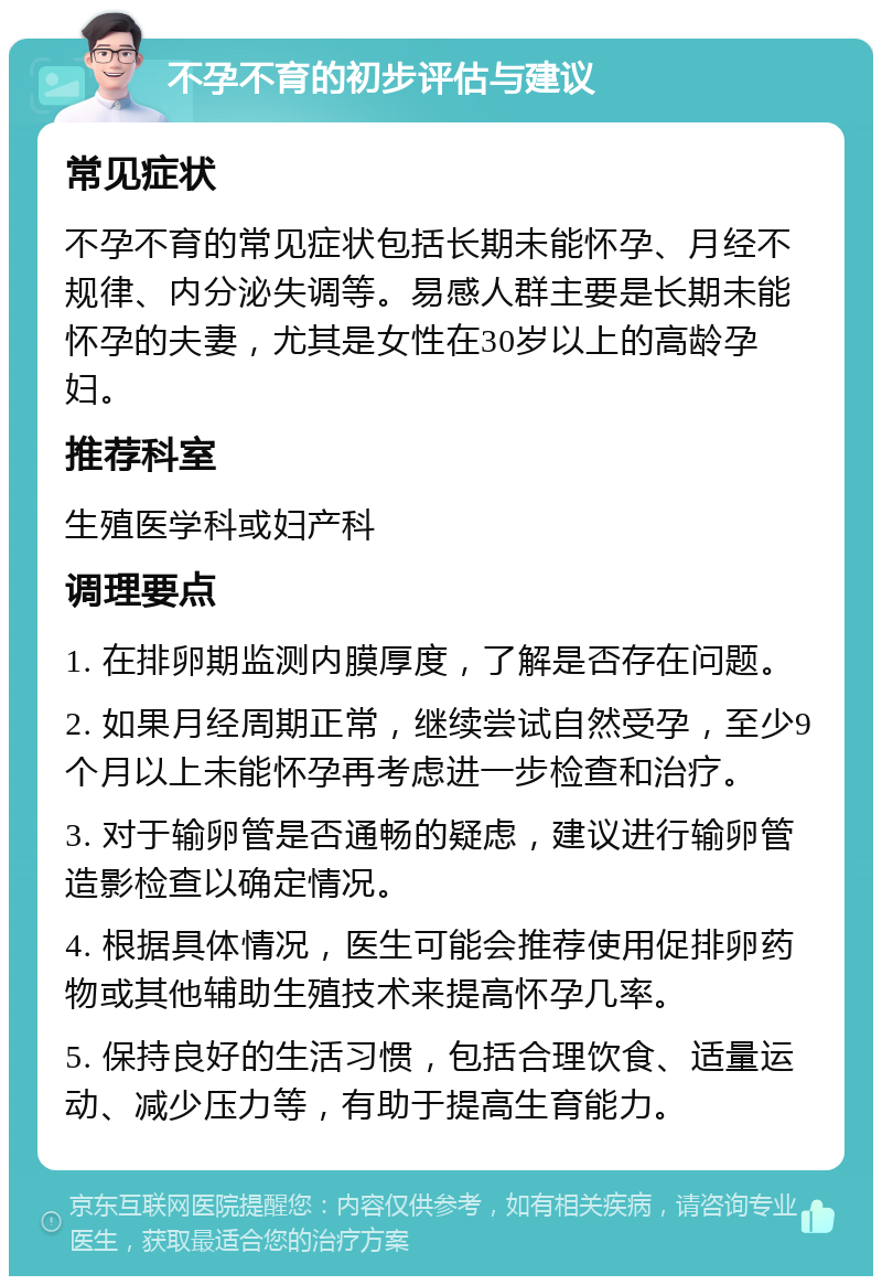 不孕不育的初步评估与建议 常见症状 不孕不育的常见症状包括长期未能怀孕、月经不规律、内分泌失调等。易感人群主要是长期未能怀孕的夫妻，尤其是女性在30岁以上的高龄孕妇。 推荐科室 生殖医学科或妇产科 调理要点 1. 在排卵期监测内膜厚度，了解是否存在问题。 2. 如果月经周期正常，继续尝试自然受孕，至少9个月以上未能怀孕再考虑进一步检查和治疗。 3. 对于输卵管是否通畅的疑虑，建议进行输卵管造影检查以确定情况。 4. 根据具体情况，医生可能会推荐使用促排卵药物或其他辅助生殖技术来提高怀孕几率。 5. 保持良好的生活习惯，包括合理饮食、适量运动、减少压力等，有助于提高生育能力。