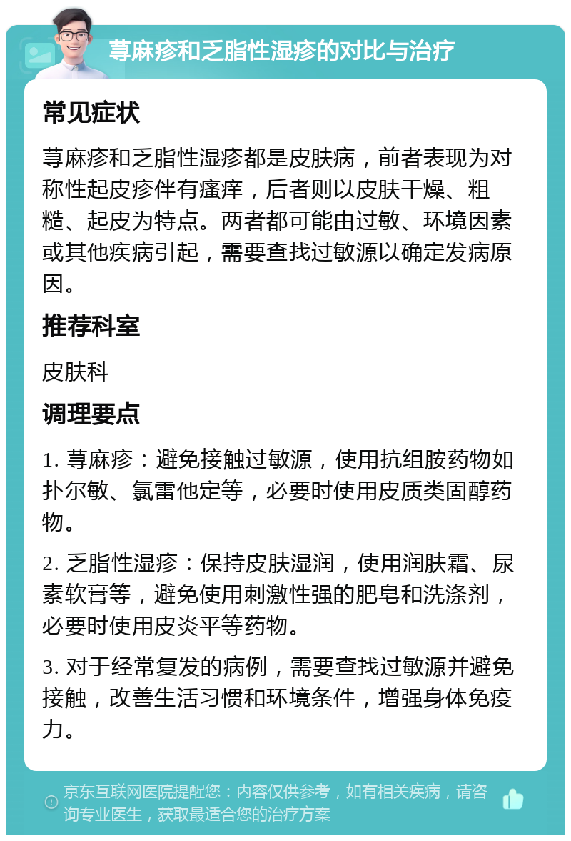 荨麻疹和乏脂性湿疹的对比与治疗 常见症状 荨麻疹和乏脂性湿疹都是皮肤病，前者表现为对称性起皮疹伴有瘙痒，后者则以皮肤干燥、粗糙、起皮为特点。两者都可能由过敏、环境因素或其他疾病引起，需要查找过敏源以确定发病原因。 推荐科室 皮肤科 调理要点 1. 荨麻疹：避免接触过敏源，使用抗组胺药物如扑尔敏、氯雷他定等，必要时使用皮质类固醇药物。 2. 乏脂性湿疹：保持皮肤湿润，使用润肤霜、尿素软膏等，避免使用刺激性强的肥皂和洗涤剂，必要时使用皮炎平等药物。 3. 对于经常复发的病例，需要查找过敏源并避免接触，改善生活习惯和环境条件，增强身体免疫力。