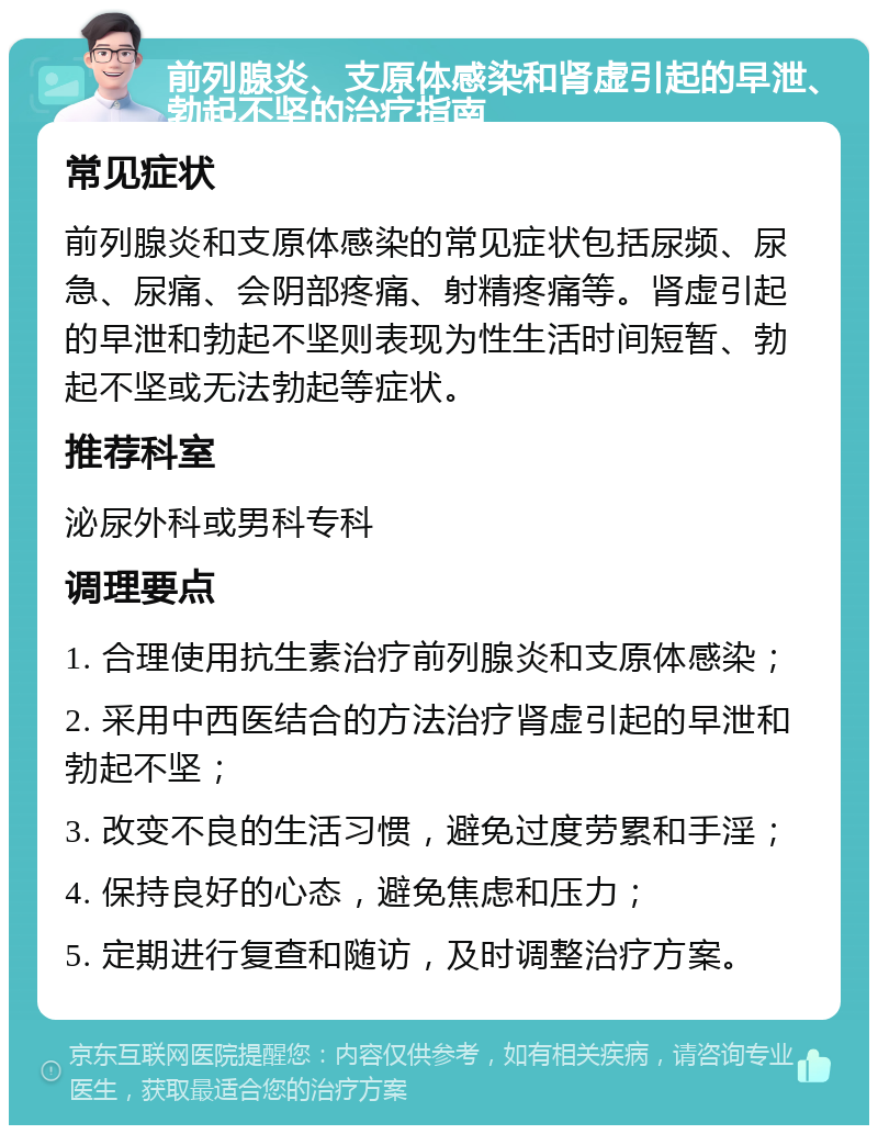 前列腺炎、支原体感染和肾虚引起的早泄、勃起不坚的治疗指南 常见症状 前列腺炎和支原体感染的常见症状包括尿频、尿急、尿痛、会阴部疼痛、射精疼痛等。肾虚引起的早泄和勃起不坚则表现为性生活时间短暂、勃起不坚或无法勃起等症状。 推荐科室 泌尿外科或男科专科 调理要点 1. 合理使用抗生素治疗前列腺炎和支原体感染； 2. 采用中西医结合的方法治疗肾虚引起的早泄和勃起不坚； 3. 改变不良的生活习惯，避免过度劳累和手淫； 4. 保持良好的心态，避免焦虑和压力； 5. 定期进行复查和随访，及时调整治疗方案。