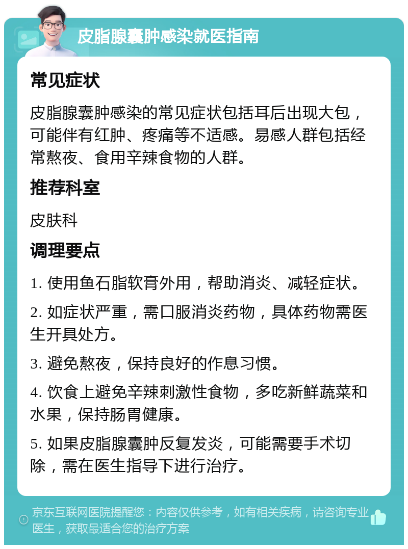 皮脂腺囊肿感染就医指南 常见症状 皮脂腺囊肿感染的常见症状包括耳后出现大包，可能伴有红肿、疼痛等不适感。易感人群包括经常熬夜、食用辛辣食物的人群。 推荐科室 皮肤科 调理要点 1. 使用鱼石脂软膏外用，帮助消炎、减轻症状。 2. 如症状严重，需口服消炎药物，具体药物需医生开具处方。 3. 避免熬夜，保持良好的作息习惯。 4. 饮食上避免辛辣刺激性食物，多吃新鲜蔬菜和水果，保持肠胃健康。 5. 如果皮脂腺囊肿反复发炎，可能需要手术切除，需在医生指导下进行治疗。